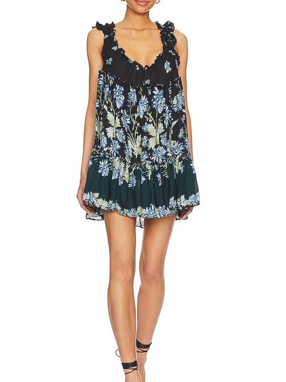 Free People Black Mini Dress with Blue and Green Floral Print